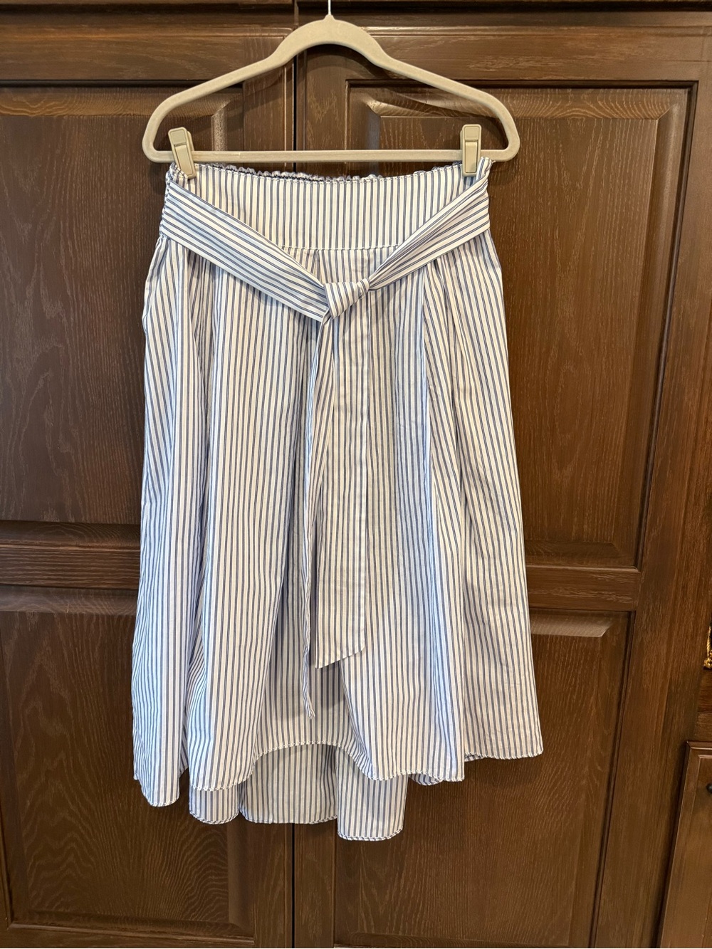 Max Studio Blue and White Striped High-Low Midi Skirt with Tie Waist